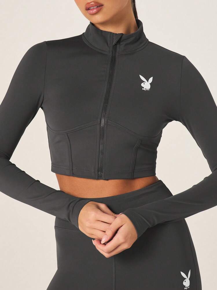 Missguided x Playboy Women's High Neck Zip Through Crop Top With Long Sleeves And Logo Athletic Fitted Training Jacket For Gym Workout
