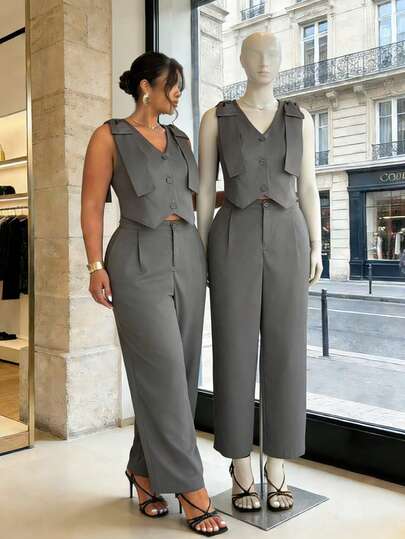 Firerie Conjunto de 2 piezas para mujer talla grande: Top de chaleco con botones y tirantes con lazo en escote en V, y pantalones, uso casual/laboral, primavera/verano
