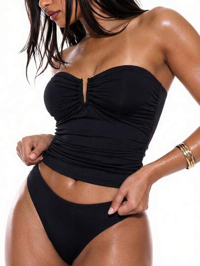 Swim Basics Women's Solid Color Ruched Bandeau Sexy Tankini Swimsuit Set