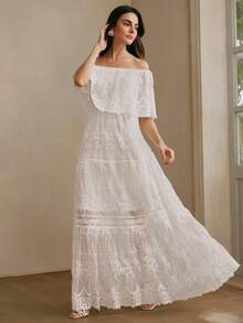 Anewsta 女士优雅蕾丝长款露肩白色连衣裙，适合春夏海滩度假 - 白色 - 查看 5