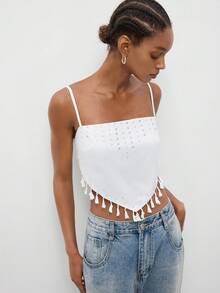 Maija Women's Backless Spaghetti Strap Tank Top With Tassel Hem,White And Silver Summer Boho Rave,Elegant Beach Party Vacation Festival Outfits Tops - Multicolor - View 5