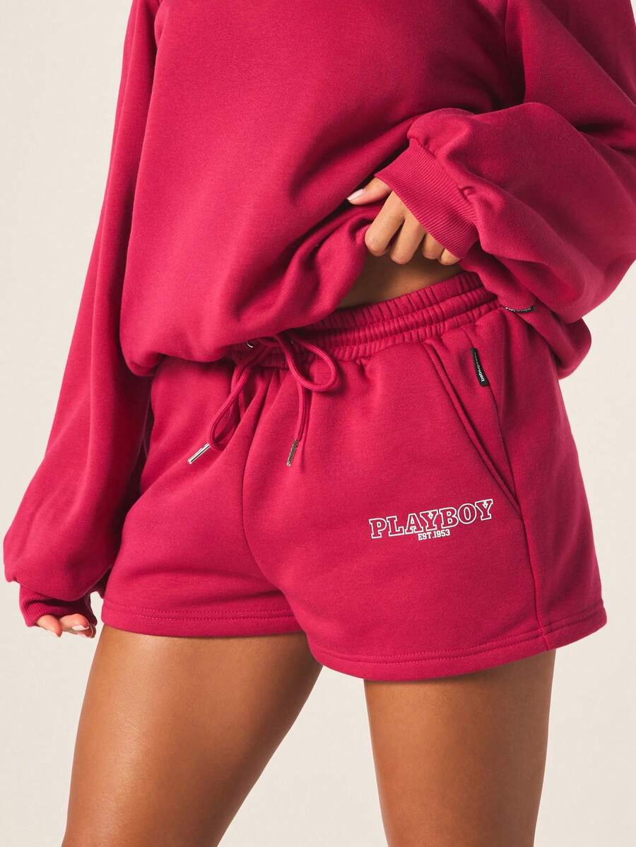 Missguided x Playboy 带刺绣Logo的抽绳腰带抓绒运动短裤，裤脚采用弹性设计 - 玫瑰紅 - 查看 1