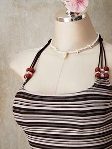 SHEIN ICON 大码 Y2K 休闲条纹串珠装饰针织露背上衣 - 彩色 - 查看 11