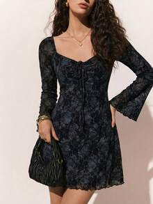 Poéselle Women's Casual Commuter All-Over Print Flare Sleeve Dress - Black - View 1