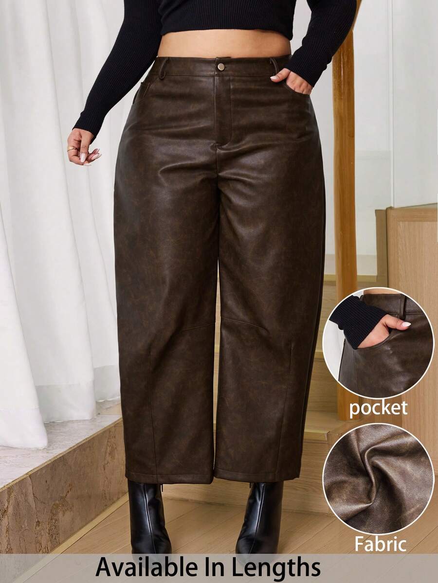 SHEIN Tall CURVE 大码女式时尚PU弯曲裤棕色皮裤女式皮裤，棕色裤子，休闲女式，优雅，毕业典礼 - 棕色 - 查看 1