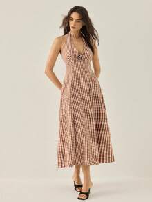 SHEIN ChicEase Đầm ôm dáng, cổ chữ V sâu, thắt eo, họa tiết kẻ caro dành cho nữ. - màu nâu - Xem 4