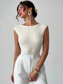 Firerie Women's Elegant Romantic Asymmetric Collar Fashionable Commuter Sexy Elegant Bodysuit, Suitable For Party, Vacation, Romantic Date And Wedding Birthday, Knitted Texture Criss-Cross Strap Fitted Apricot Bodysuit - Apricot - View 7