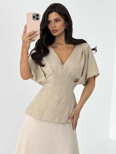 Firerie Women's Elegant Spring/Summer New Minimalist Casual Office Commute Linen Bamboo Knot Round Neck Waist Shirt, Apricot Color