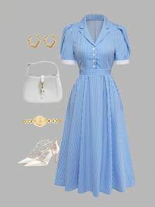 GlowEve Women's Striped Pattern Lapel Design Waist A-Line Dress, Elegant And Charming For Holiday, Commute, Music Festival, Date, French Riviera, Beach, Street Style, Versatile, Spring/Summer, Light Blue Striped New Arrival Puff Sleeve Midi Dress - Blue and White - View 3