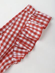 GlowEve Women's Flare Sleeve Red And White Plaid Pattern Bow Tie Back Design A-Line Waist Flattering Elegant Everyday Casual Vacation Picnic Party Commute Fashion Date French Street Retro Versatile Spring Summer Midi Dress - Red and White - View 6