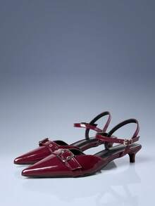 CUCCOO GRLICON Wine Red Patent Leather Pointed Toe Thin Heel Commuter High Heels With Metal Buckle Strap - Burgundy - View 1