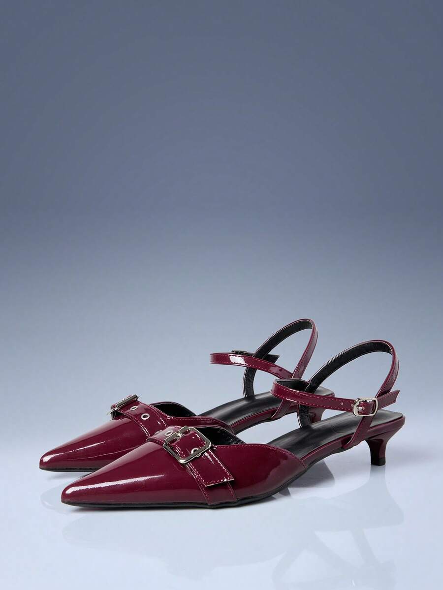 CUCCOO GRLICON Wine Red Patent Leather Pointed Toe Thin Heel Commuter High Heels With Metal Buckle Strap - Burgundy - View 1