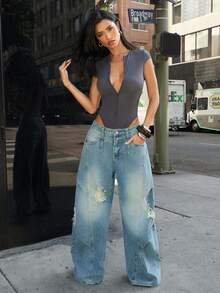 Denimoi Women's Casual Fashion Street Daily Commute Distressed Washed Loose Wide-Leg Denim Jeans - Blue - View 3