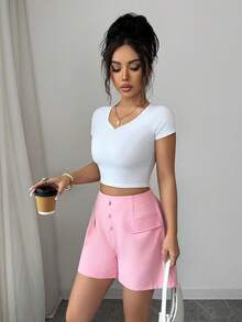Elenzga Quần short nữ thanh lịch, tinh tế, dáng rộng, cạp chun, màu hồng, thời trang, đa năng, thích hợp cho đi làm, hẹn hò. - Màu Hồng baby - Xem 4