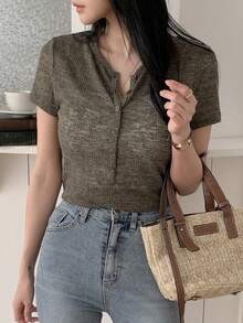 DAZY Women's Casual Front Button Short Sleeve Top, Summer - Coffee Brown - View 1