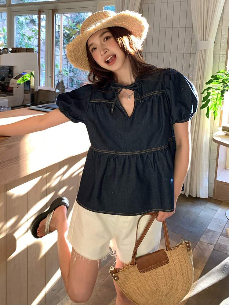 Women's Contrast Color Stitching Ruffle Hem Tie Waist Elegant Vacation Summer Denim Blouse