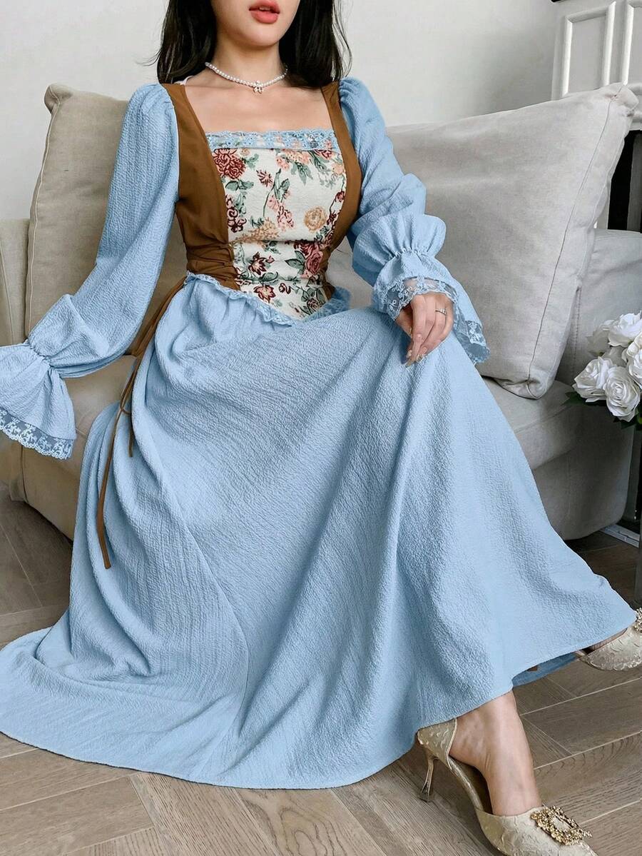 Feyla 女士印花简约休闲长袖连衣裙 - 天藍色 - 查看 1