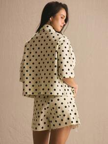 MUSERA 波点牛仔超大款套装上衣，春夏舒适可爱日常少女风度假阳光社交装 - 米色 - 查看 4
