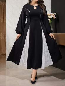 Modelyn Vestido elegante de talla grande con bloqueo de color, parches de encaje y decoración de cristal para uso diario - Blanco y Negro - Ver 7