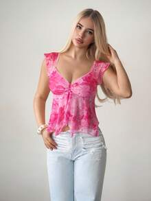 Sweetina Women's Pink Floral Print Ruffle Hem Vacation Casual Camisole Top - Red - View 1
