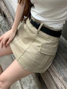 DAZY Women's Summer Casual Street Style Minimalist Solid Color Flap Pocket Skirt, Belt Not Included - Khaki - View 1