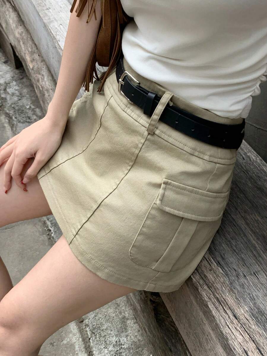 DAZY Women's Summer Casual Street Style Minimalist Solid Color Flap Pocket Skirt, Belt Not Included - Khaki - View 1