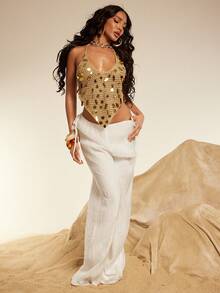 Silquee Summer Backless Sexy Sparkly Beaded Crochet Camisole, Vacation Camisole, Sexy Tank Top, Sequined Tank Top, V-Neck Sexy Tank Top, Sexy Hollow-Out Sequined Tie-Up Camisole Beach Cover-Up Knit Top. - Gold - View 9