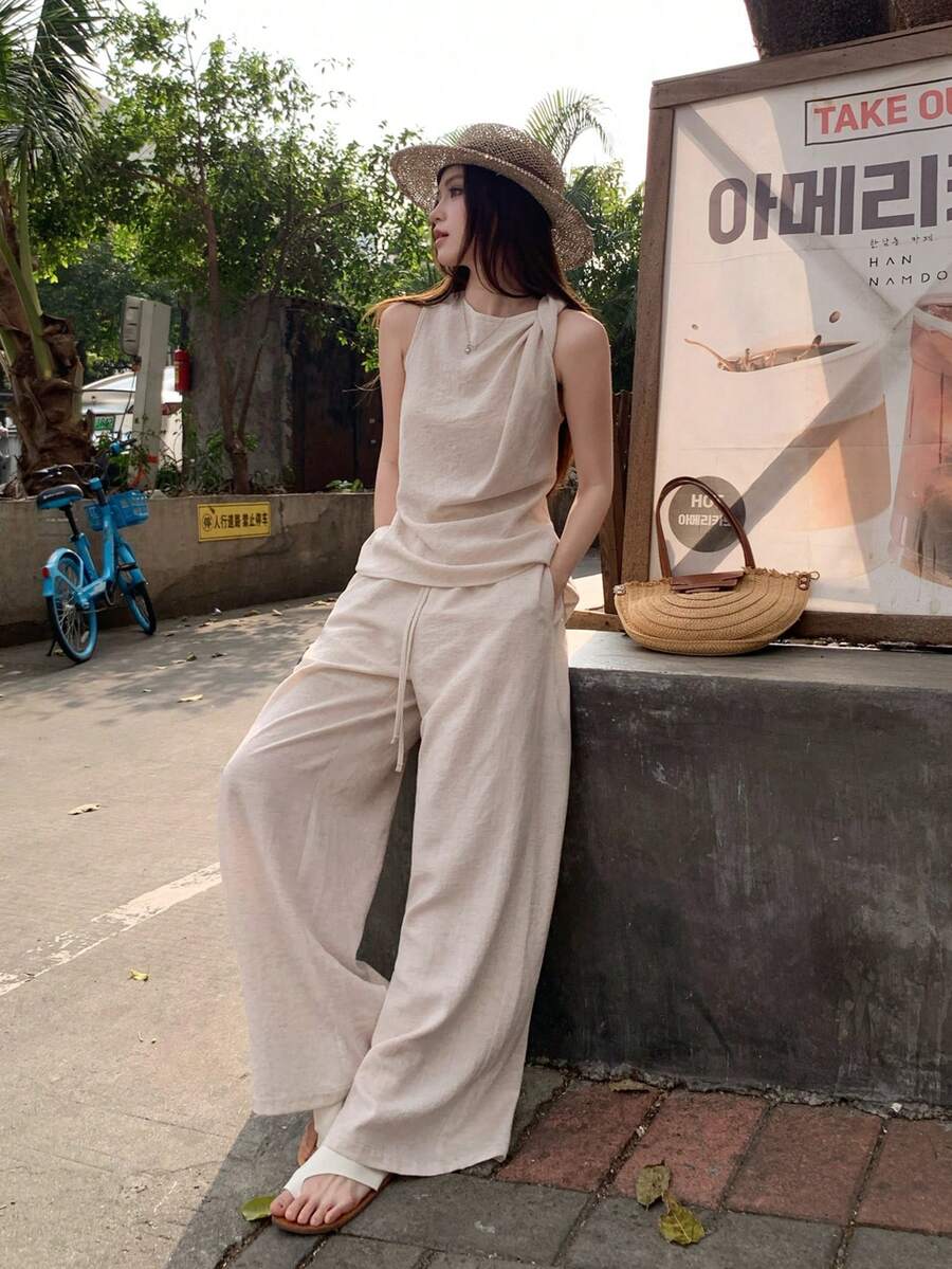DAZY 女士圆领无袖纯色衬衫和宽松长裤两件套，韩版夏季休闲套装，女士短款套装 - 白色 - 查看 1