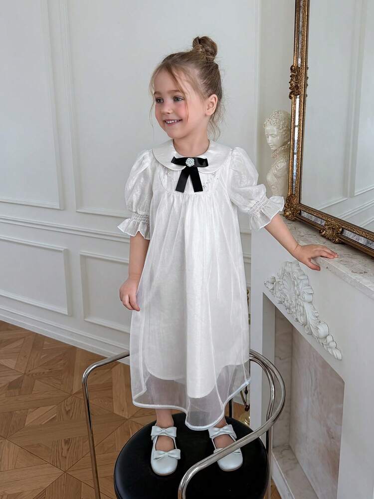 Young Girls Sweet Peter Pan Collar Bow Beaded Mesh Dress, Summer New Arrival
