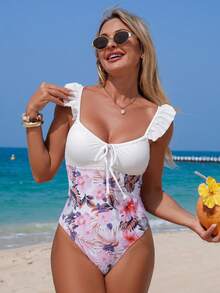 Swim Lushoire 女士连体热带植物随机印花优雅荷叶边肩带系结前开衩泳衣，夏季 - 彩色 - 查看 5