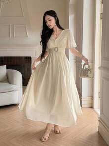 Feyla 女士优雅派对水晶装饰长裙 - 鵝黃色 - 查看 3