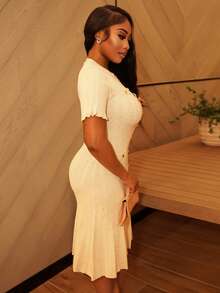 Chea Andrea Elegant Solid Color Knitted Heavy Perforated Twist Rope Aran Cable Knit Long Sleeve Ruffle Hem Buttoned Pleated Fishtail Dress, Suitable For Autumn, Winter, Formal, Party, Elegant, Leisure, Work, Graduation, Wedding - Apricot - View 5