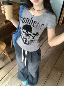 DAZY Women's Skull Print Round Neck Fashionable Short Sleeve T-Shirt - Grey - View 6