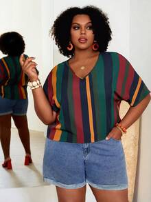 EMERY ROSE Plus Striped Print Batwing Sleeve Blouse,Flower/Spring/Summer/Vacation - Multicolor - View 4