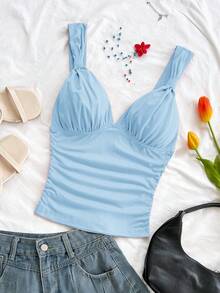 Soleia 休闲浪漫度假纯色扭褶红色吊带背心，适合圣诞节、情人节和新年等场合。 - 淺藍色 - 查看 4