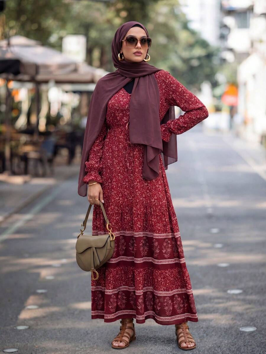 Calvaya Váy Maxi thường ngày xếp ly tay dài buộc dây phía trước in họa tiết toàn thân cho quần áo năm mới - Đỏ - Xem 1