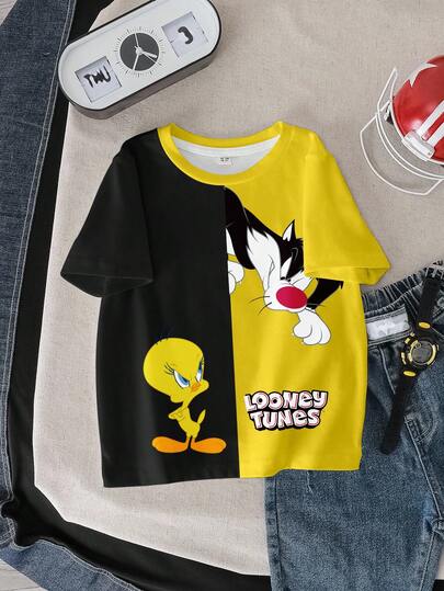LOONEY TUNES X SHEIN Toddler Boys' Cartoon Print Round Neck Short Sleeve T-Shirt