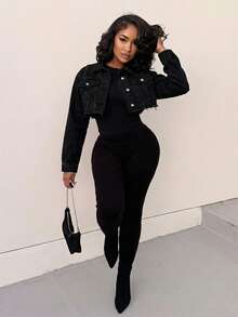 Alexandranx Crop Raw Hem Denim Jacket - Black - View 5