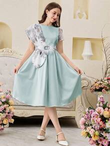 SHEIN Teen Girls' Elegant Floral Print Patchwork Summer Midi Dress Aqua Floral Print Dress - Green - View 4
