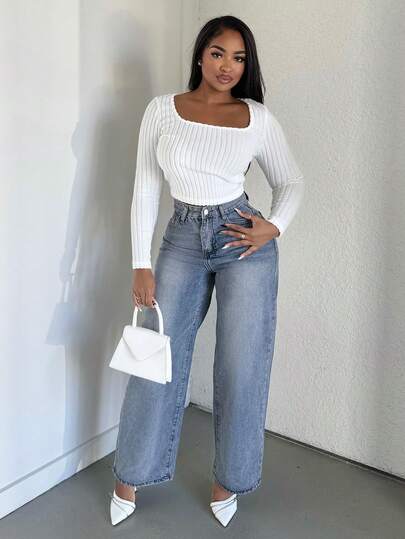 Alexandranx 女士口袋阔腿宽松休闲百搭牛仔裤