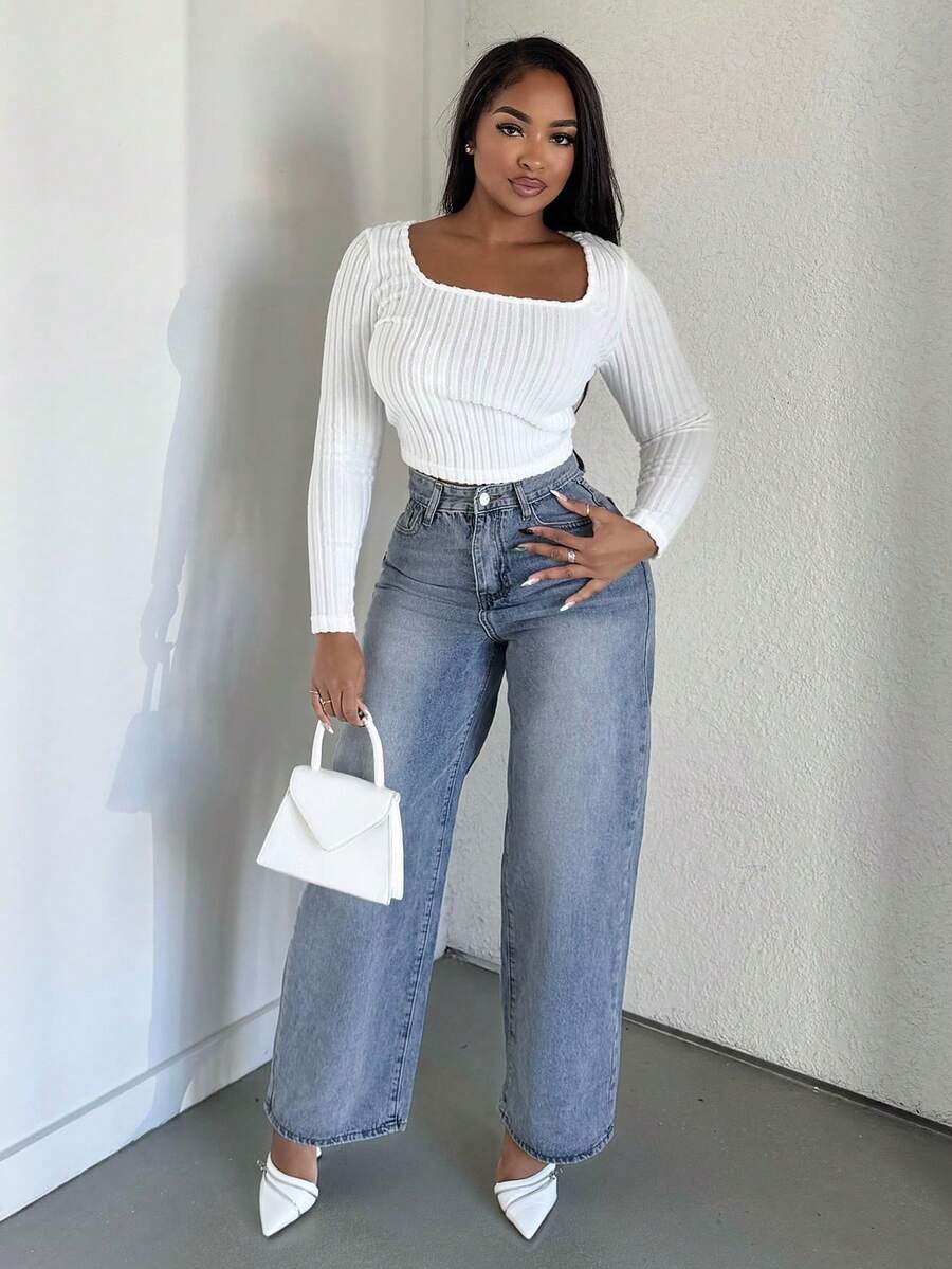 Alexandranx Women's Pocketed Wide Leg Loose Casual Versatile Denim Pants - Medium Wash - View 1