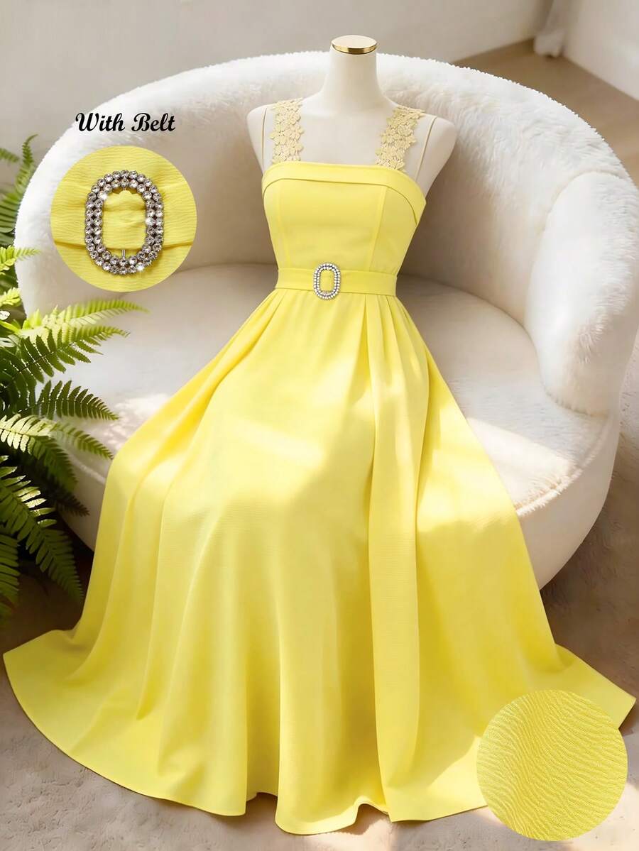 GlowEve Women's Pale Yellow Lace Trim Spaghetti Strap A-Line Waist Charming Elegant Sweet Cute Everyday Vacation Commute Fashion Date French Street Retro Versatile Spring Summer Pale Yellow New Midi Slip Dress - Light Yellow - View 1