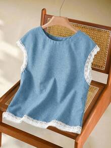 Rusticease 女士圆领蕾丝边休闲简约夏季衬衫 - 藍色 - 查看 1