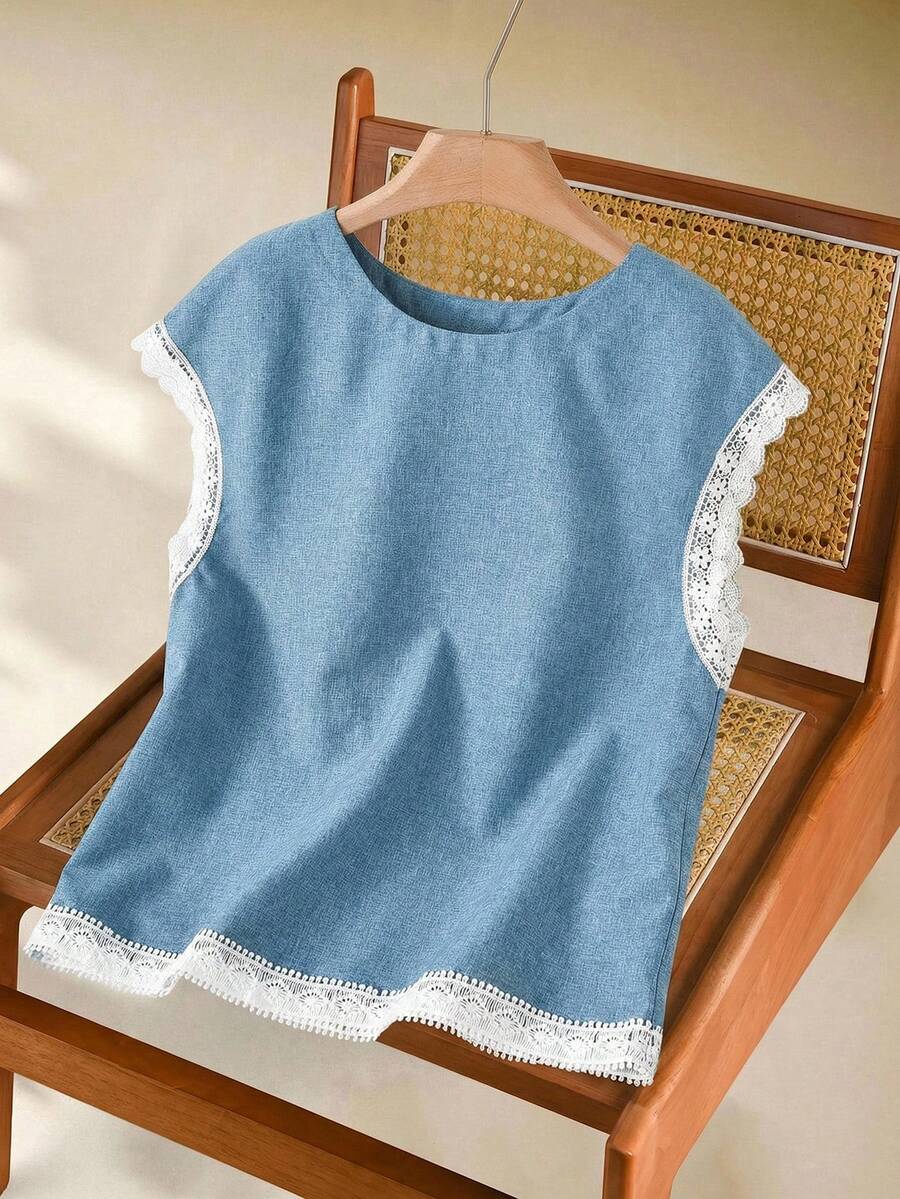 Rusticease 女士圆领蕾丝边休闲简约夏季衬衫 - 藍色 - 查看 1