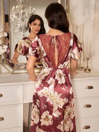 女士优雅花卉印花蕾丝拼接睡裙