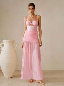 Swim Oasis 2pcs Solid Color Swimsuit Set, Shell Design Push Up Semi-Sheer Cover-Up Monokini Swimsuit, Summer - Pink - View 3