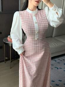 DAZY 春夏粉色格子两件套衬衫裙，优雅百搭，适合情人节、婚礼、派对、时尚活动等场合，修身剪裁，中长款 - 粉色 - 查看 9