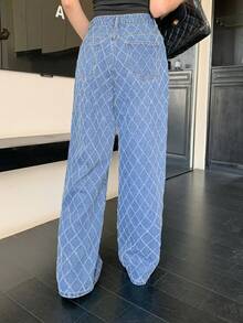 Joudiya 女式休闲日常百搭直筒纽扣牛仔裤 - 藍色 - 查看 3