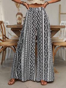 SHEIN Women's Black & White Pattern Print Wide Leg Pants, Relaxed Bohemian Style Suitable For Vacation, Casual, Beach, Street, Daily Commute, Sexy, Romantic, Business, Dates, Festivals - Multicolor - View 5