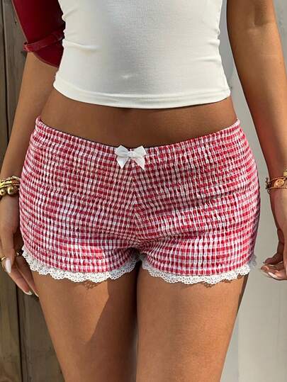 Aloruh Women's Summer New Cute Elegant Pure Romantic Wedding Guest Outing Party Check Ruffle Shorts With Waist Bow Decor